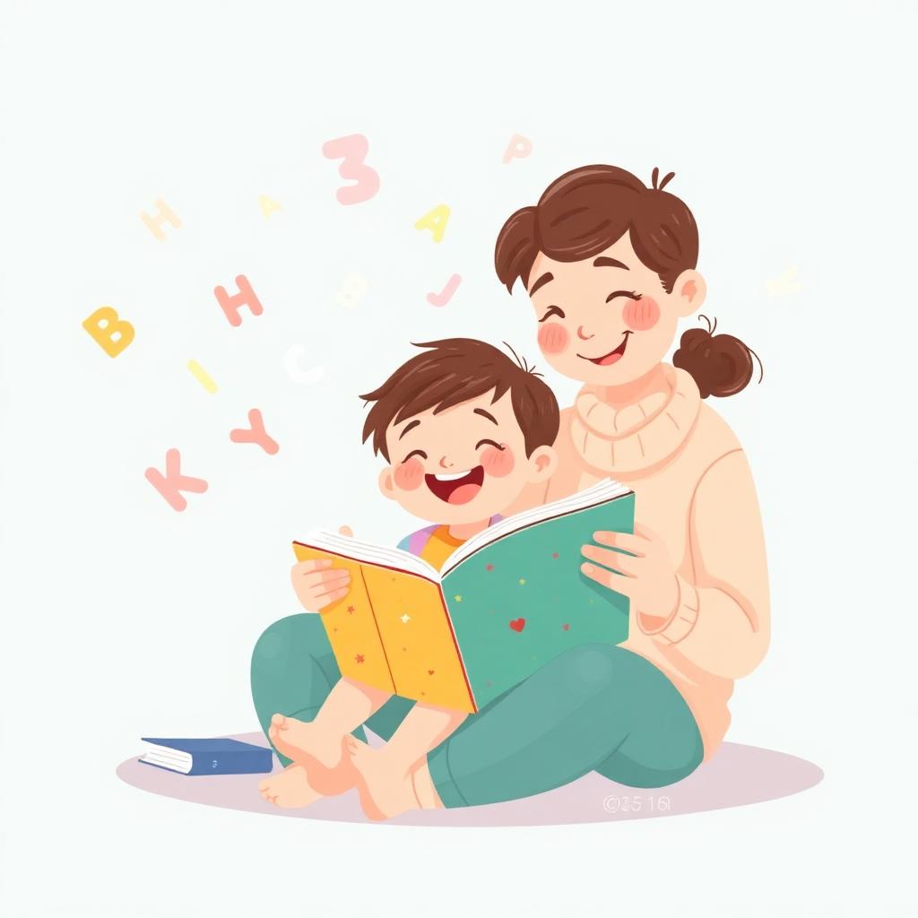 Parent and child reading together with alphabet letters floating around